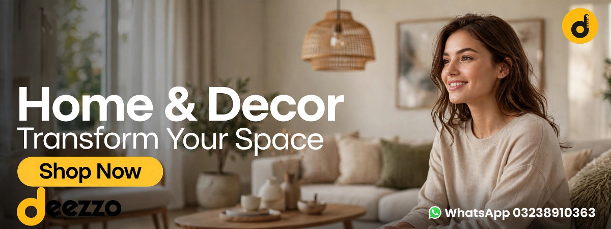 A woman smiling in a cozy living room setting next to large promotional text reading 'Home & Decor Transform Your Space' with a yellow 'Shop Now' button and the Dezzo brand logo.