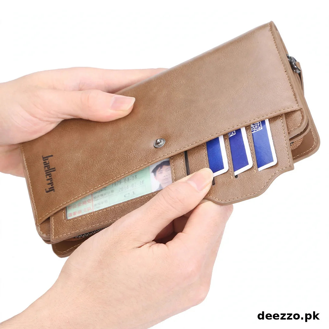 Brown faux leather wallet held open showing card slots